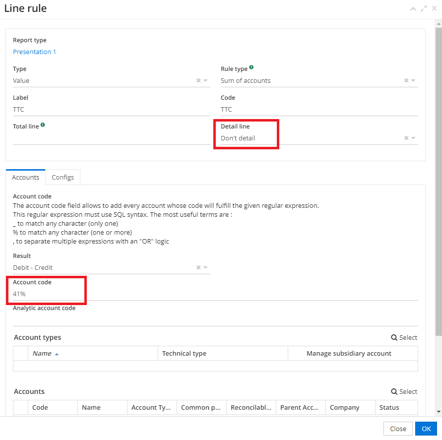 1.1. Enter the Account code, e.g. 41%. For this field to work, it is
necessary to avoid configuring the “Detail line” field or activate the
“Display detailed lines” checkbox on the accounting report form.